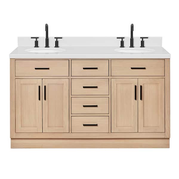 Hepburn 60 in. W x 22 in. D x 36 in. H Double Freestanding Bath Vanity in Oak with Carrara White Quartz Top