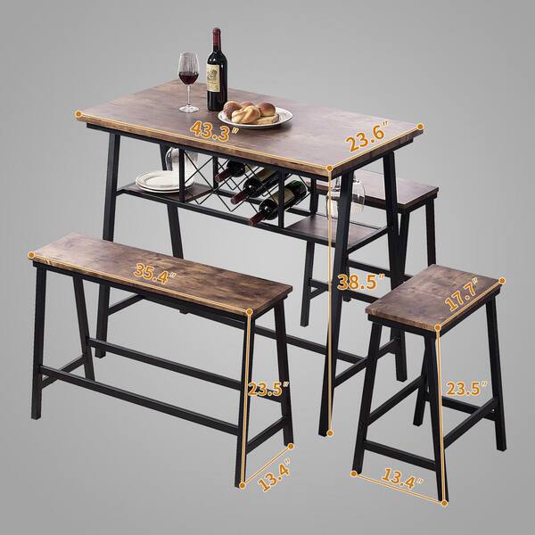 Kinwell Asiran 4 Piece Wood Counter Height Dining Bar Table Set With Stools Bench And Wine Rack Bsc021 Bt Dining Bar Table Set With Stools Bench, Counter Height Dining Table With Wine Storage