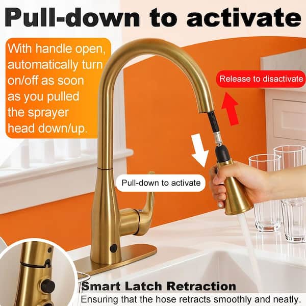 16.6 in. Dual Sensor Touchless Single-Handle Pull-Down Sprayer Kitchen Faucet with 360° Swivel Spout in Brushed Gold