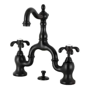 French Country 8 in. Widespread 2-Handle Bridge Bathroom Faucets with Brass Pop-Up in Matte Black