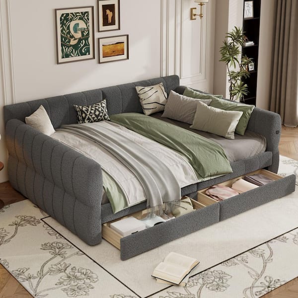 Channel-Tufted Gray Wood Queen Size Lambswool Polyester Upholstered Daybed with 2-Drawer, USB Ports