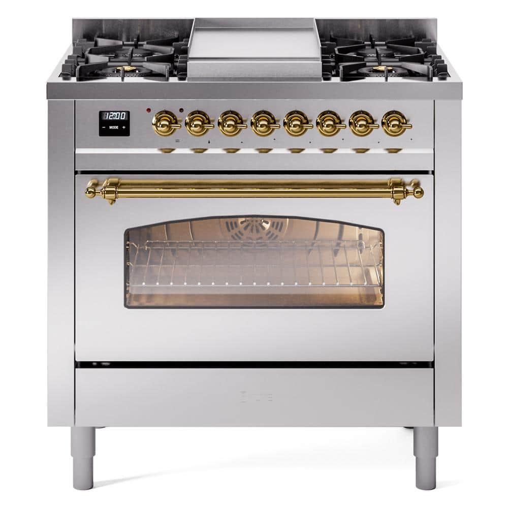 Nostalgie II 36 in. 6 Burner+Griddle Freestanding Liquid Propane Range in Stainless Steel with Brass Trim -  ILVE, UP36FNMPSSGLP