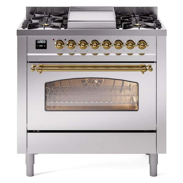 Nostalgie II 36 in. 6 Burner+Griddle Freestanding Liquid Propane Range in Stainless Steel with Brass Trim