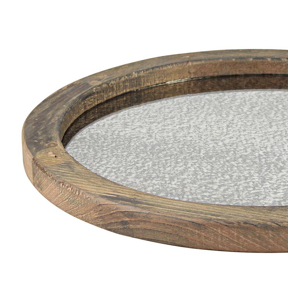 Rustic Round Natural Wood Serving Tray with Antique Mirror