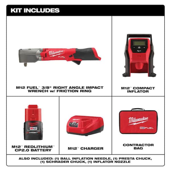 M12 FUEL 12V Lithium-Ion Brushless Cordless 3/8 in. Right Angle Impact Wrench Kit with Two 2.0 Ah Batteries & Inflator