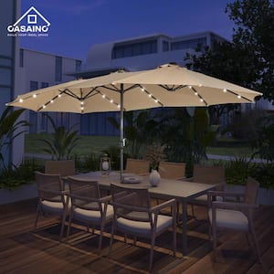 15 ft. Steel Push-Up Patio Double-Side Market Umbrella with Base and Solar Light in Tan