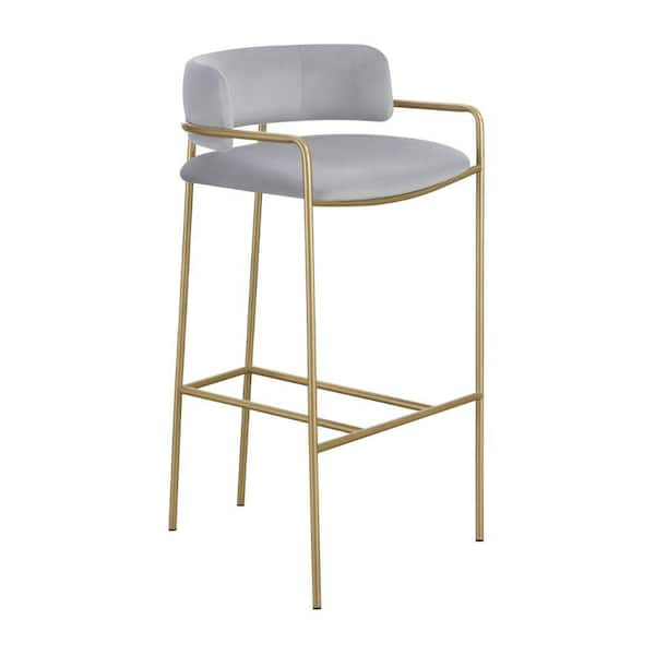 Benjara 30 in. Gray and Gold Low Back Metal Frame Barstool with Fabric ...