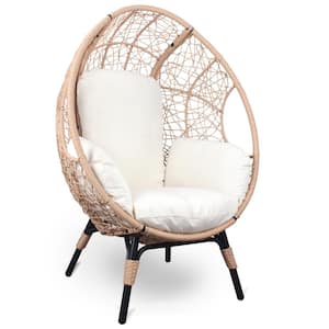 Natural Wicker Outdoor Chaise Lounge, Egg Chair with White Cushions