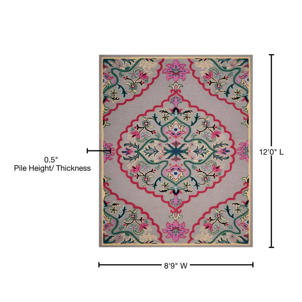 Handmade Tufted Dark Grey Floral Wool 9' x 12' Rug