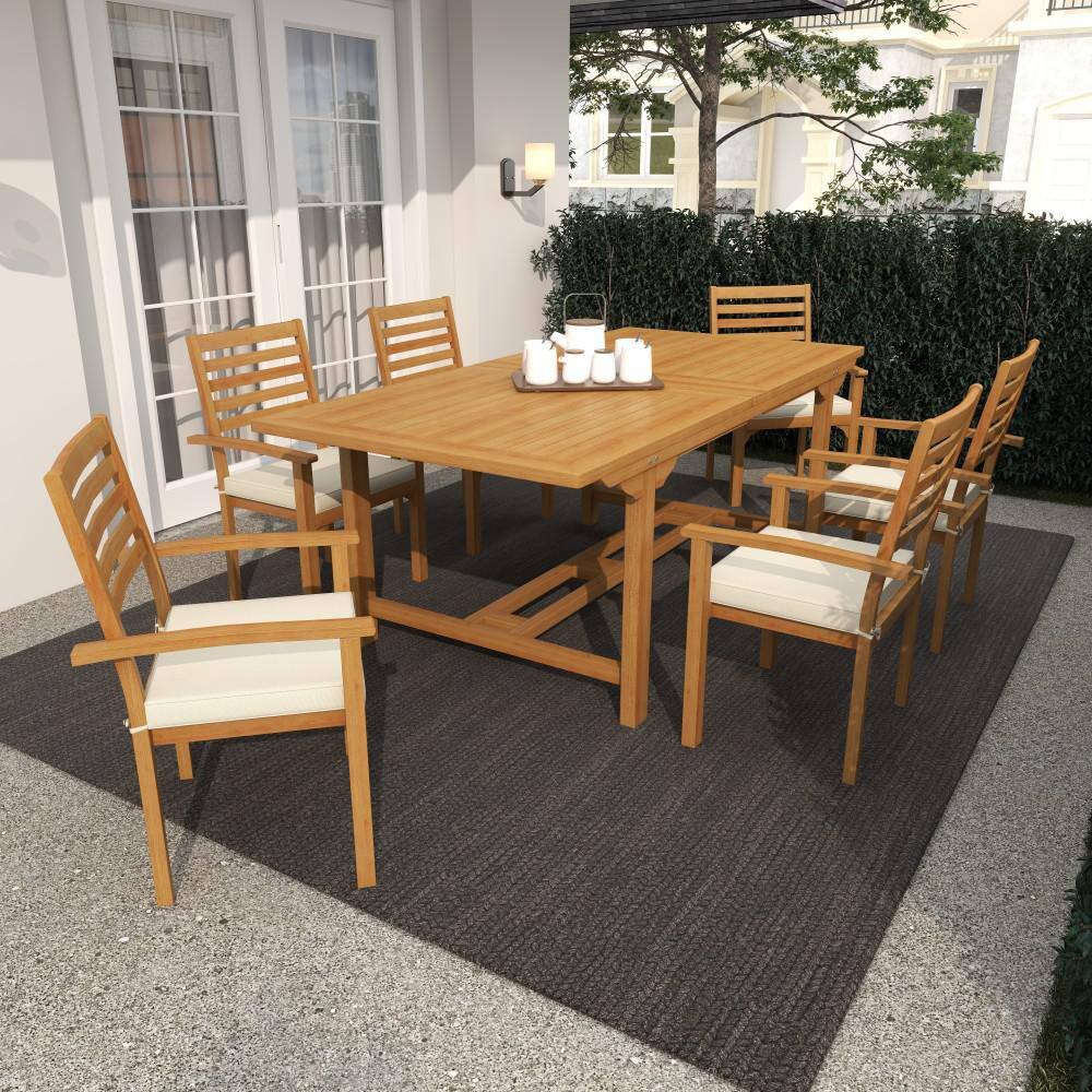 Brown Teak 7-Piece Outdoor Dining Set with White Cushions