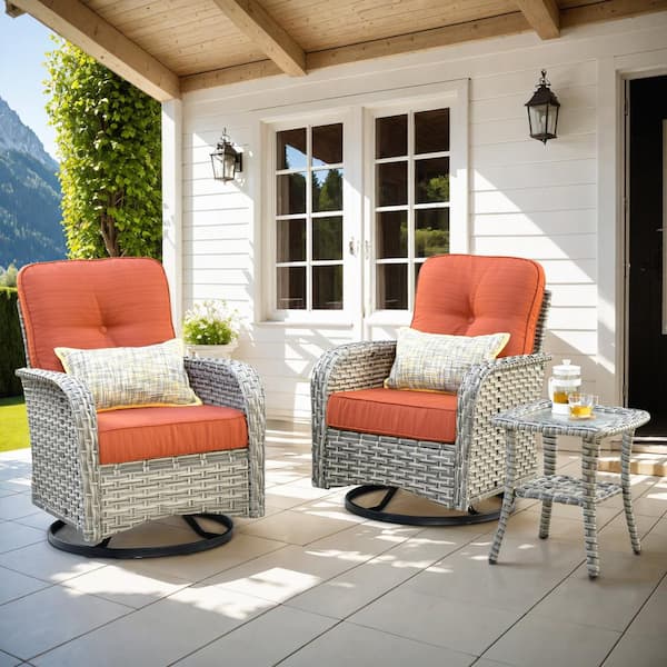 Toject Beverly Gray 3-Piece Wicker Outdoor Patio Conversation Swivel Rocking Chair Seating Set with Orange Red Cushions