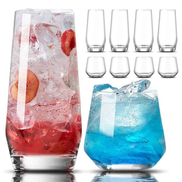Wudkey Drinking Glasses Set of 8, 4-Piece 18 oz. Tall Glass Cups and 4-Piece 13 oz. Short Stemless Wine Glasses