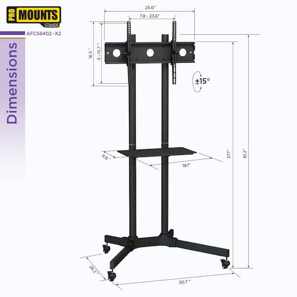 ProMounts Premium Rolling Mobile TV Floor Stand Mount with Adjustable Shelf for TVs 32 in. to 72 in. Holds up to 110 lbs. AFC6402 02
