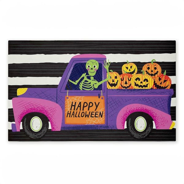 Happy Halloween Skeleton Driver Black 18 in. x 30 in. Polyester Non-Slip Outdoor Door Mat