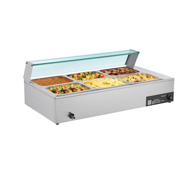 Commercial Food Warmer, 1500W Electric Stainless Steel Steam Food Warmer, Glass Cover, 6x1/2 Size Pans Buffet Bain Marie