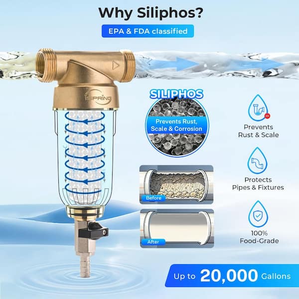 200-Micron Reusable Spin Down Sediment Water Filter w/ Siliphos, Prevents Scale and Corrosion, 1 in. MNPT, 3/4 in. FNPT
