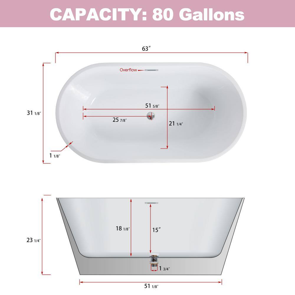 63'' Gloss White Freestanding Acrylic Soaking Bathtub