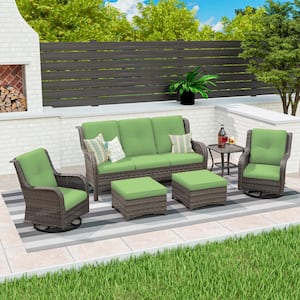 6-Piece Wicker Outdoor Sectional Sofa Set Patio Conversation with Green Cushions