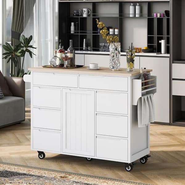 Nestfair White Wood 54 in. Kitchen Island with 8 Handle-Free Drawers and 5-Wheels