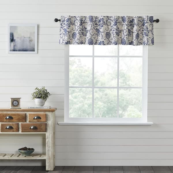VHC BRANDS Dorset Floral 72 in. L x 16. W Cotton Valance in Creme Navy Royal Blue