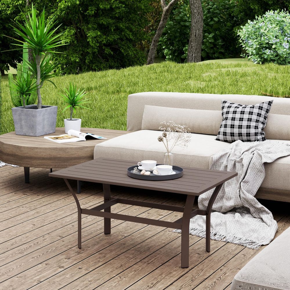 Brown Metal All-Weather Outdoor Coffee Table with Slatted Top