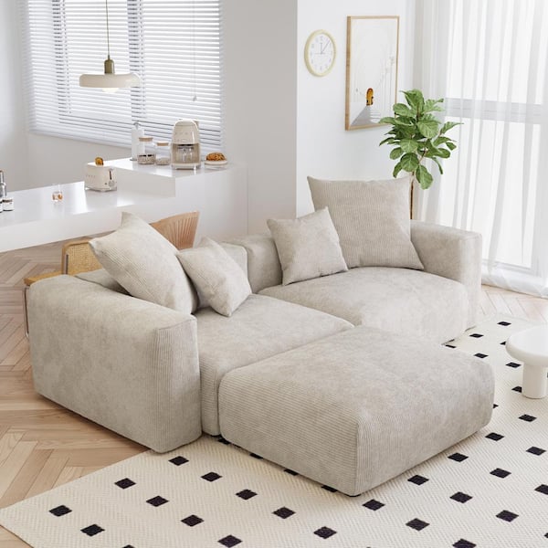 J&E Home 102 in. Square Arm 3-piece Corduroy Velvet L Shaped Modern Sectional Sofa in. Beige