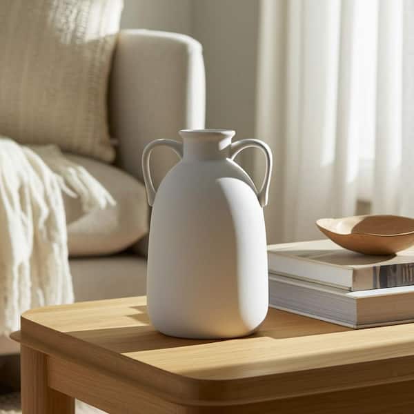 Liv & Skye 10 in. White Ceramic Amphora Decorative Vase with Dual