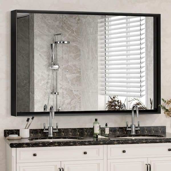 36 in. W x 24" H Rectangular Square Corner Wall Mount Bathroom Vanity Mirror in Black Metal Framed Horizontal/Vertical
