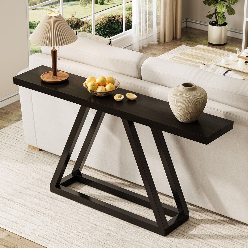 BYBLIGHT Turrella 63 in. Black Rectangle Wood Console Table with Heavy ...
