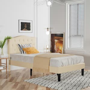 Bed Frame with Button, Beige Wood Frame Slat Support Easy Assembly - Twin Platform Bed Frame With Upholstered Headboard