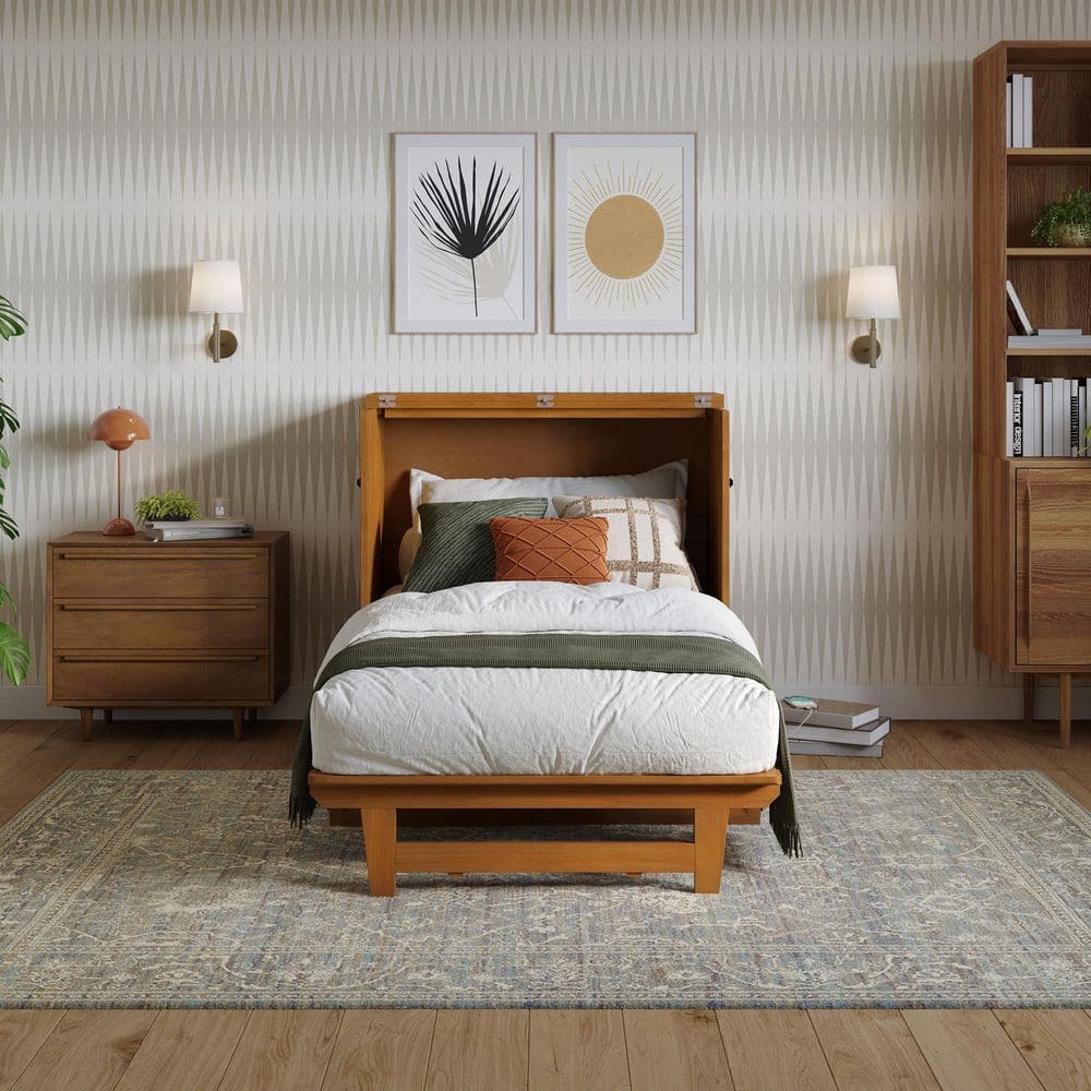 Santa Fe Light Toffee Twin Wood Murphy Bed Chest with Mattress and Charger