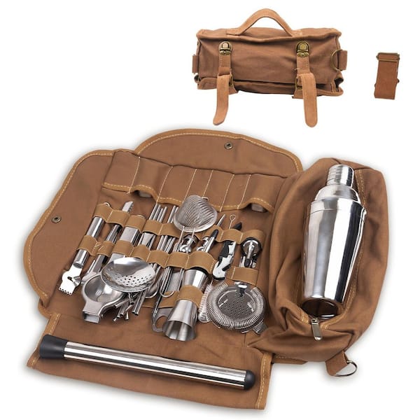 31-Piece Travel Bartender Kit–Bartending Kit with Bar Tools Bartender Accessories, Canvas Tool Bag, Brown