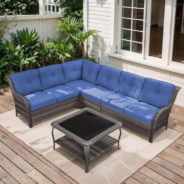 moosprr 3-Piece Gray Wicker Outdoor Sectional Set with Olefin Blue Cushions and L-Shaped Sofa/Coffee Table