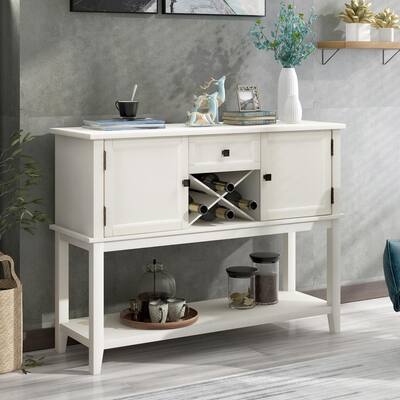 45.3 in. White Rectangle Pine Console Table with Wine Rack Open Shelf Storage, 2-Cabinets and Drawer