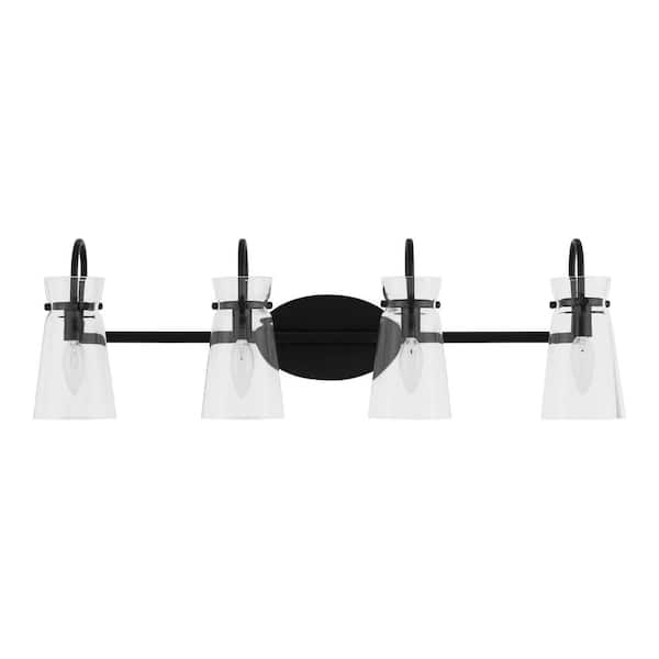Hampton Bay Vinton Place 31 in. 4-Light Matte Black Bathroom Vanity Light with Clear Glass Shades