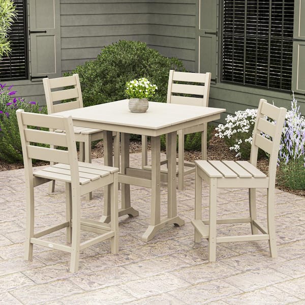 POLYWOOD Grant Park Sand 5-Piece HDPE Plastic Side Chair Farmhouse Trestle Counter Set