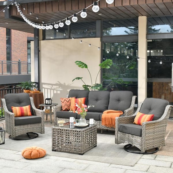 HOOOWOOO Verona Grey 5-Piece Wicker Modern Outdoor Patio Conversation Sofa Seating Set with Swivel Chairs and Black Cushions
