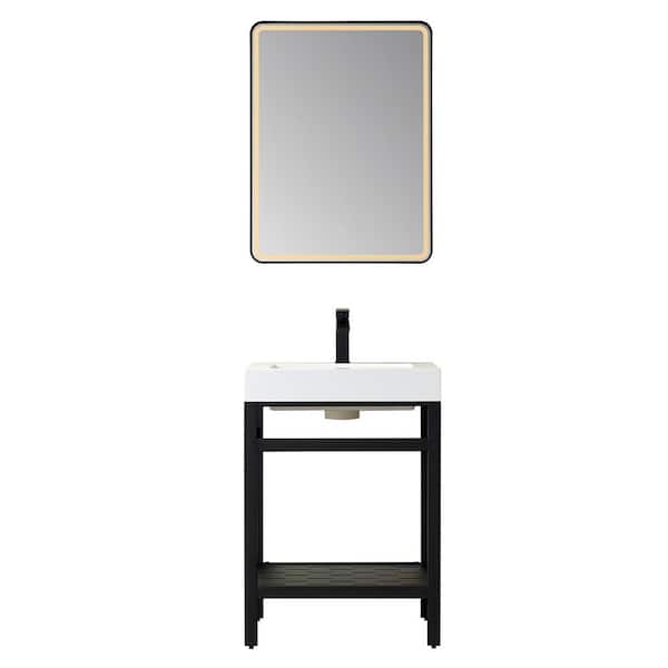 ROSWELL Ablitas 24 in. W x 20 in. D x 34 in. H Single Sink Bath Vanity in Matt Black with White Composite Stone Top and Mirror