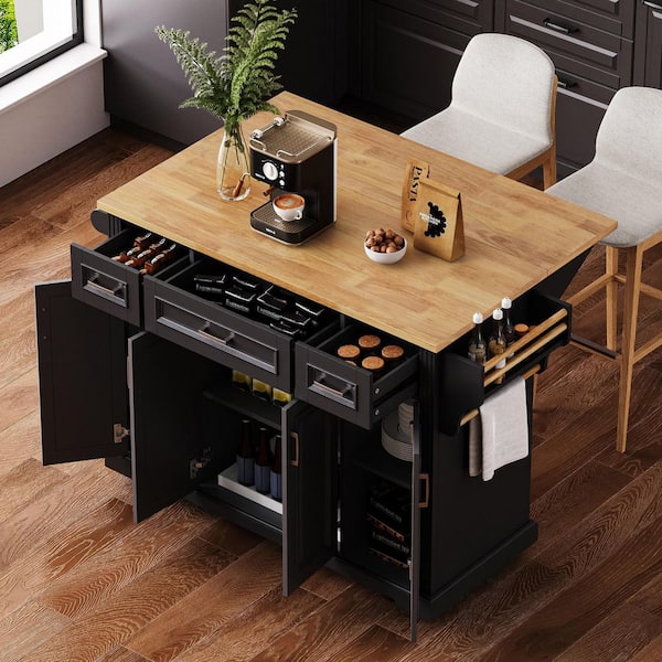 Black Wood 54 in. Kitchen Island with Embossed Texture Panel, Drop Leaf, Storage, 3-Drawers and 4-Doors for Kitchen Room