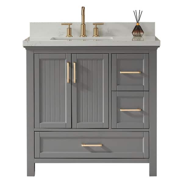 36 in. W x 22 in. D x 35.5 in. H Single Sink Solid Wood Bath Vanity in Gray with White Carrara Marble Top, Soft-Close