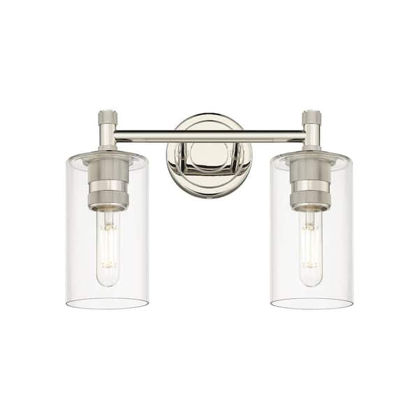 Crown Point 13.88 in. 2-Light Polished Nickel Vanity Light with Glass Shade