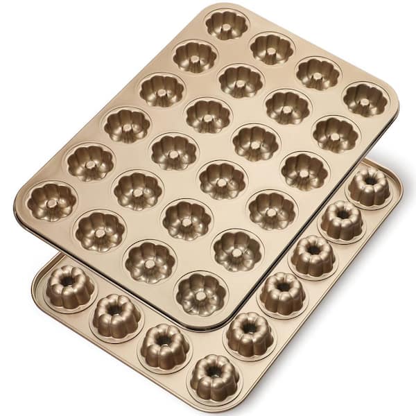 24-Cup Mini Fluted Tube Cake Pan Carbon Steel, Non-Stick Bite Size Buntins Petite Cake Mold Gauge Baking Tray 2-Pack