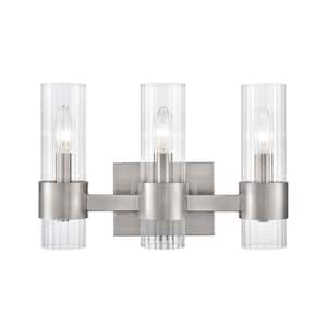 Caberton 15.1 in. 3-Light Brushed Nickel Vanity Light with Clear Beveled Glass
