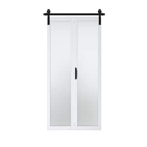40 in. x 84 in. 1 Lite Tempered Frosted Glass White Finished Composite MDF Bi-Fold Sliding Barn Door with Hardware Kit