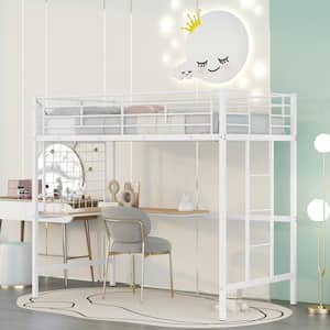 White Twin Size Metal Loft Bed with Desk and Metal Grid, Space-Saving Loft Bed Frame With Ladder for Kids, Teens