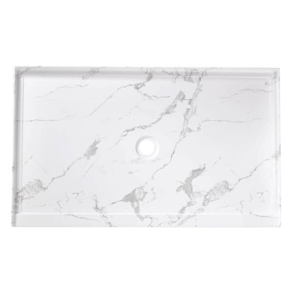 60 in. x 36 in. Alcove White Marble Pattern Rectangle Acrylic Shower Pan Base with Center Drain Hole