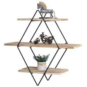 3-Story Floating Diamond Wall Shelf Retro Wood and Metal Furniture Rustic Style Kitchen Living Room Bedroom Decoration