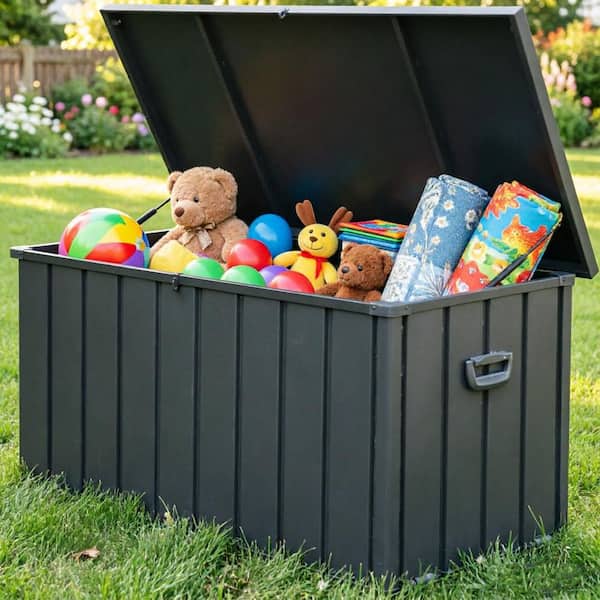 Outdoor 100 Gal. Dark Gray Steel Deck Box, Patio Lockable Storage