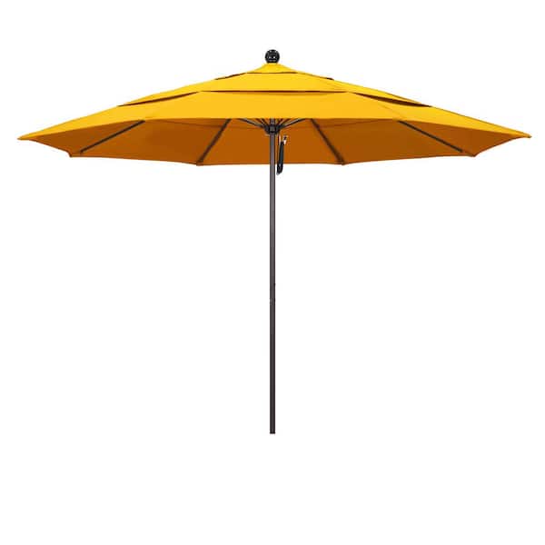 California Umbrella 11 ft. Bronze Aluminum Commercial Market Patio Umbrella with Fiberglass Ribs Pulley Lift in Sunflower Yellow Sunbrella