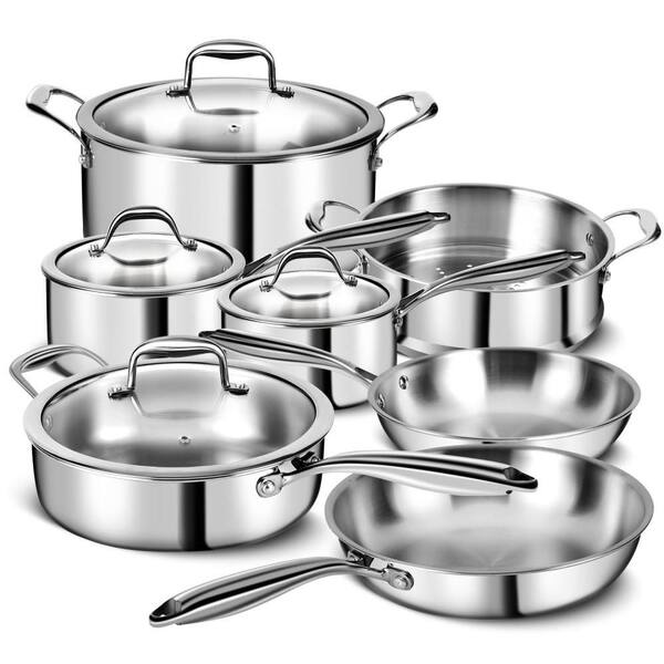 Silver 11 Piece Stainless Steel Cookware Set, 3-Ply Clad Non Toxic Induction Kitchen Pots Pans Set with Glass Lids